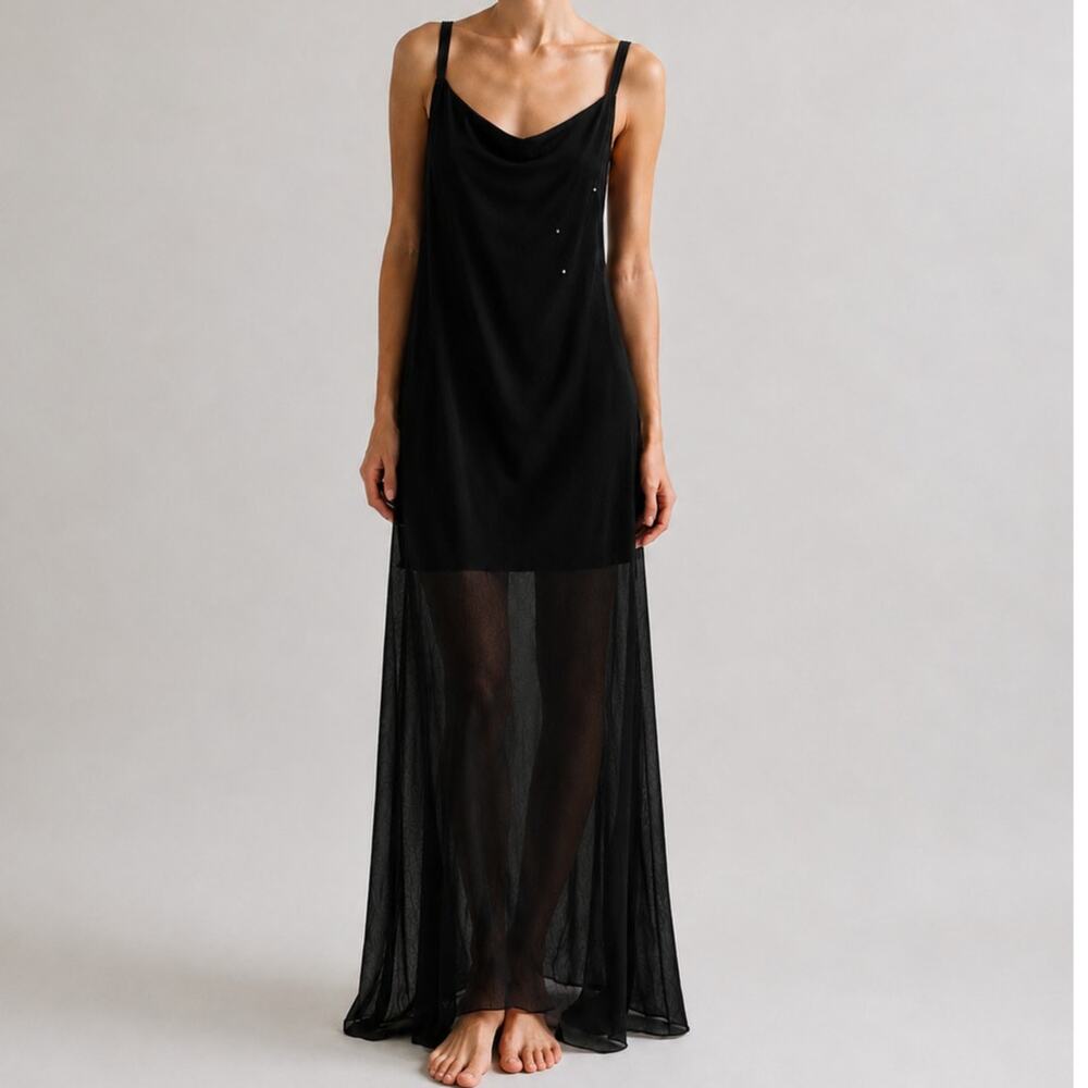 Vintage Bari-Jay Black Chiffon Maxi Dress Sheer Formal Whimsigoth Grunge-M